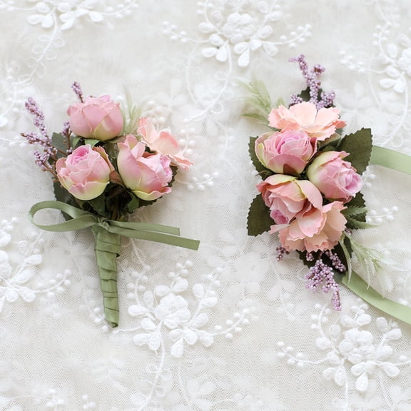 Rose Wrist Corsage and Boutonniere Set, Wedding Prom Floral Decor for Bridesmaids