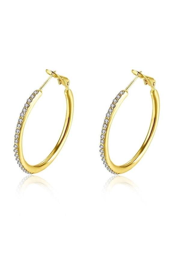 Rose Yellow Gold Zircon Latch Back Hoop Earrings Polished Hoop With Stones Hinged Clasp L113