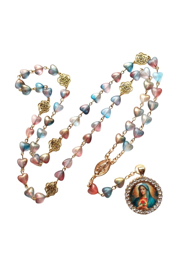 Rose and Heart Beads Glass Pendant Rosary Necklace with Glass Pendant Christian Prayer Believers Neckwear for Parties