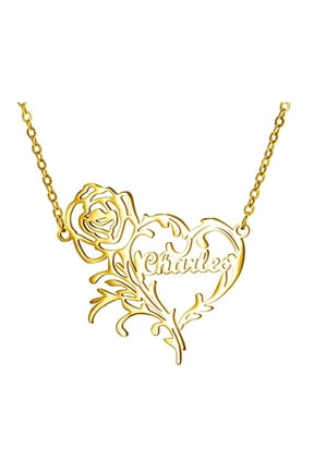 Rose and Heart Custom Name Necklace, Gold Plated Stainless Steel Personalized Nameplate Pendant Necklaces, Cross Chain, 6 Chain Length Options