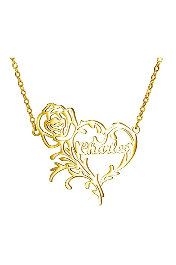 Rose and Heart Custom Name Necklace, Gold Plated Stainless Steel Personalized Nameplate Pendant Necklaces, Cross Chain, 6 Chain Length Options