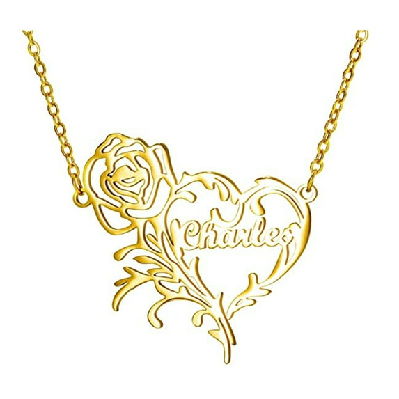 Rose and Heart Custom Name Necklace, Gold Plated Stainless Steel Personalized Nameplate Pendant Necklaces, Cross Chain, 6 Chain Length Options