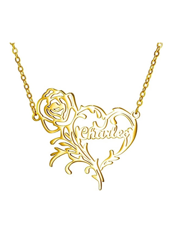 Rose and Heart Custom Name Necklace, Gold Plated Stainless Steel Personalized Nameplate Pendant Necklaces, Cross Chain, 6 Chain Length Options