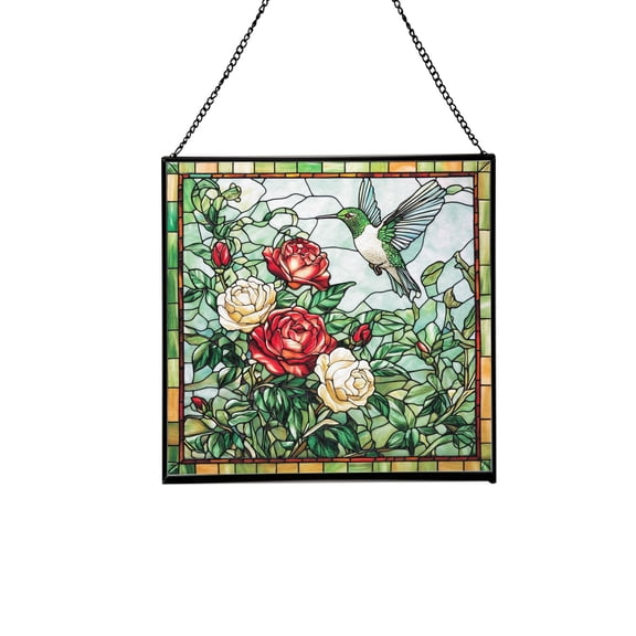 Rose and Hummingbirds Stained Glass Panels Window Hangings Tiffany Glass Traditional Art Crafts for Home Decor Gifts Square design, 8in 72OR1