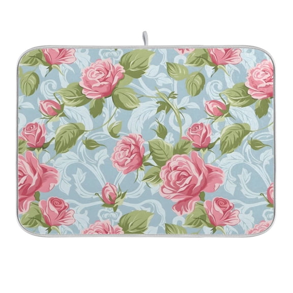 Rose and Leaves Dish Drying Mat 16x18 Absorbent Microfiber Draining Rack Pad for Kitchen Counter Sink