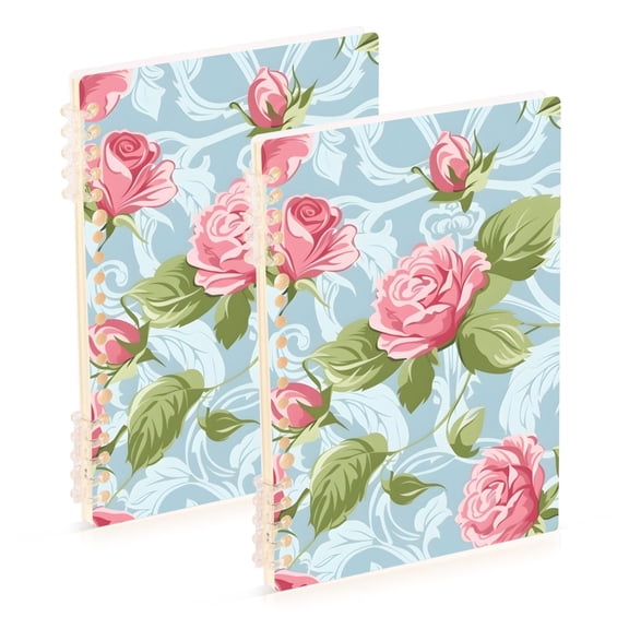 Rose and Leaves Notebooks 2 Pcs 1-subject Journal 60 Sheets A5 College Ruled Paper Detachable Ring 8.3"x5.7"