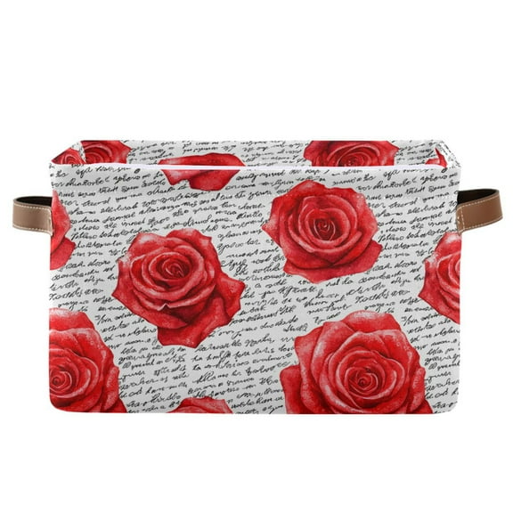 Rose and Letters Storage Bins with Handle Fabric Organizer Basket Foldable Box 1 Pack 14.2x10.2x8.3