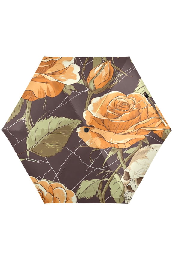 Rose and Skull Umbrellas for Sun Auto Open Close UV50+ Waterproof 5-Fold Compact Fiberglass Frame