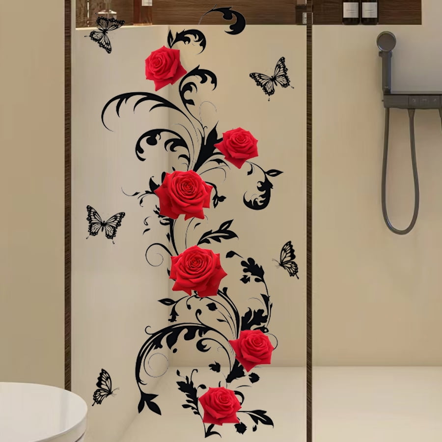Rose butterfly bathroom door sticker bathtub sticker bedroom background wall sticker self-adhesive wall sticker