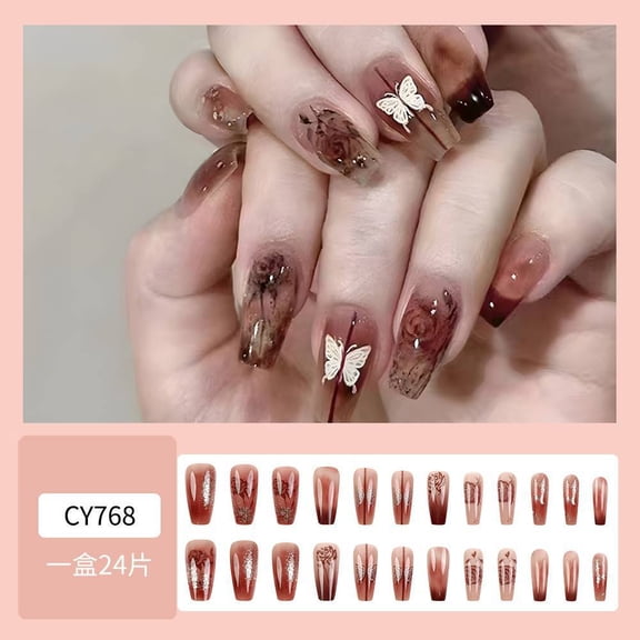Rose butterfly skin white pure wind manicure, spring and summer long ballet wear nail 24 pieces Douyin nail patch