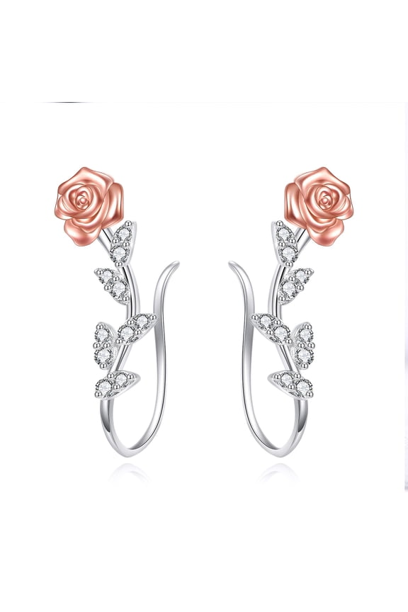 Rose earrings Ear Climber Crawler Cuff Sterling Silver Wrap Earrings for Women