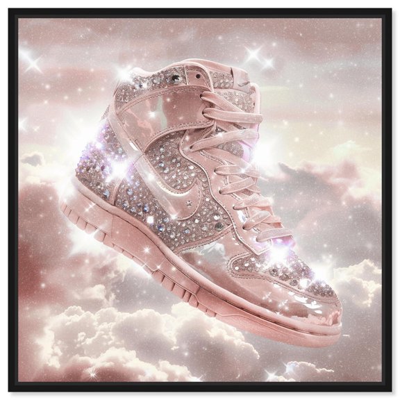 Rose gold Sparkling Sneaker in the Sky Canvas Print Pink Fashion Art by Art Remedy, Black Frame, 24 x 24