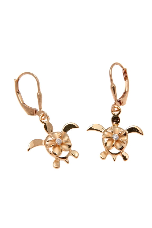Rose gold plated 925 sterling silver Hawaiian plumeria flower honu turtle leverback earrings cz