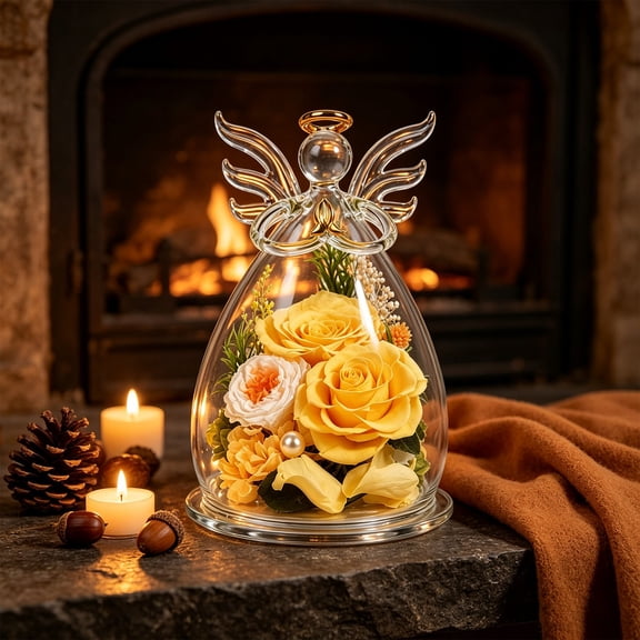 Rose in Glass Dome with LED Lights Eternal Flower Night Light Tabletop Decor Yellow for Bedroom Living Room Home Anniversary Gift