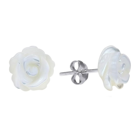 Rose of Innocence Carved White Mother of Pearl .925 Silver Earrings-10mm