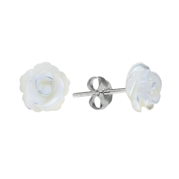 Rose of Innocence Carved White Mother of Pearl .925 Silver Earrings-8mm