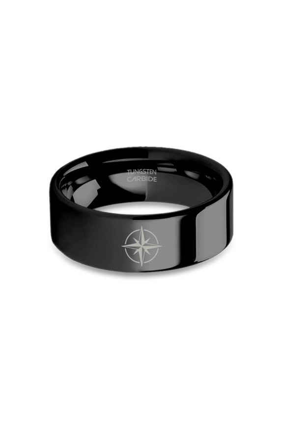 Rose of the Winds Compass Engraved Black Tungsten Carbide Ring, 8mm, Size 15
