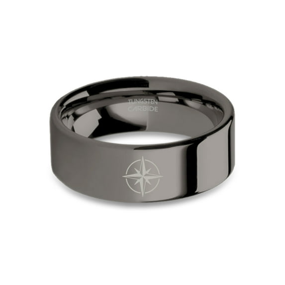 Rose of the Winds Emblem Engraved Gunmetal Polished Tungsten Ring, 8mm, Size 15