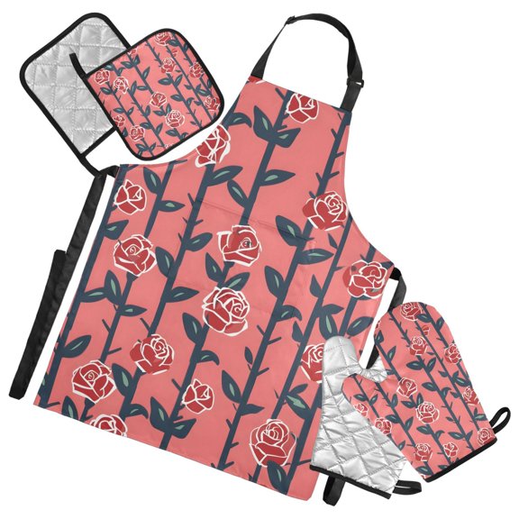 Rose on Stems 5 Pcs Kitchen Set Heat Resistant Oven Mitts and Non-Slip Pot Holders with Adjustable Cooking Apron