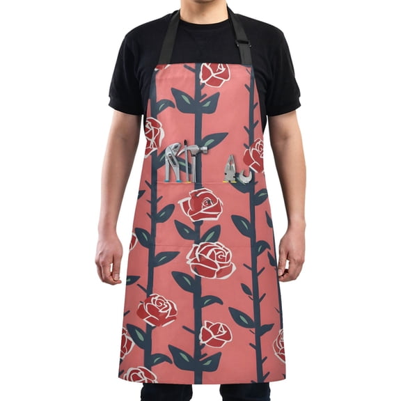 Rose on Stems Kitchen Apron with 2 Pockets Adjustable waterproof Cooking Aprons for Women Men Chef