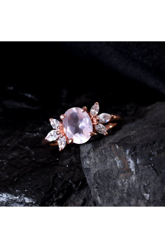 Rose quartz Engagement Ring Oval Cut Rose Gold Engagement Cluster Ring Moissanite Bridal Ring Promise Ring Anniversary Ring
