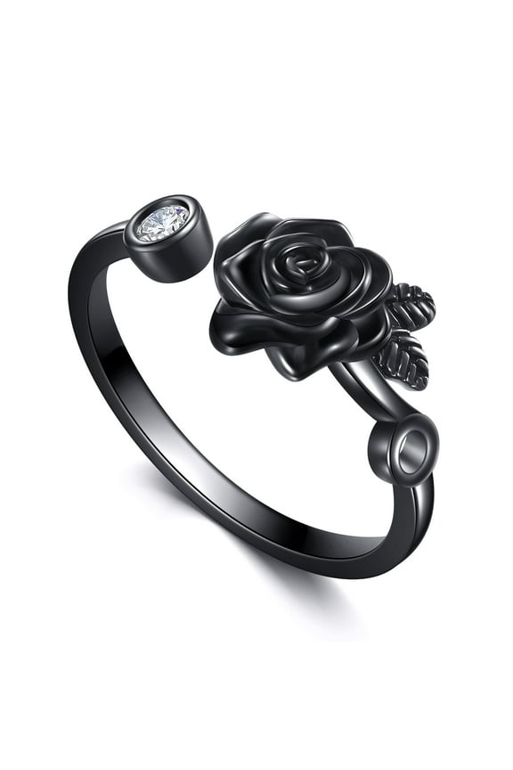 Rose Ring, Pure Silver Black Rose Adjustable Ring, Gothic Jewelry Gift for Women