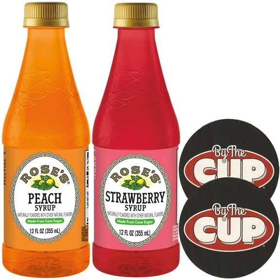 Rose's Cocktail Bundle, 1 of each: Peach and Strawberry Syrup (Contains Sulfites), 12 fl oz Bottles with By The Cup Coasters