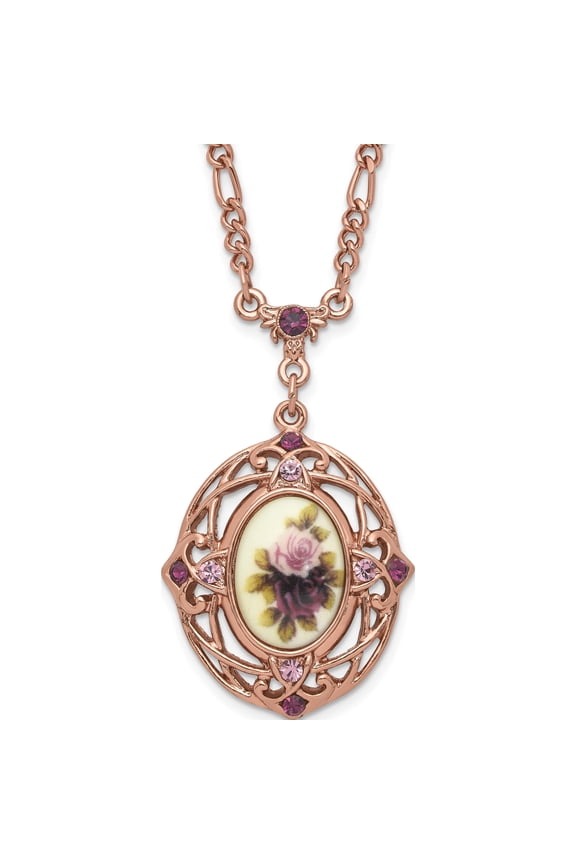 Rose-tone Lt. & Dk. Purple Crystal & Floral Decal 28 Necklace
