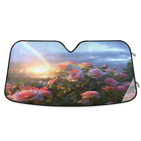Rose with Rainbow Car Windshield Sun Shade Foldable Car Front Window Visor Heat and UV Protection 53x23.5