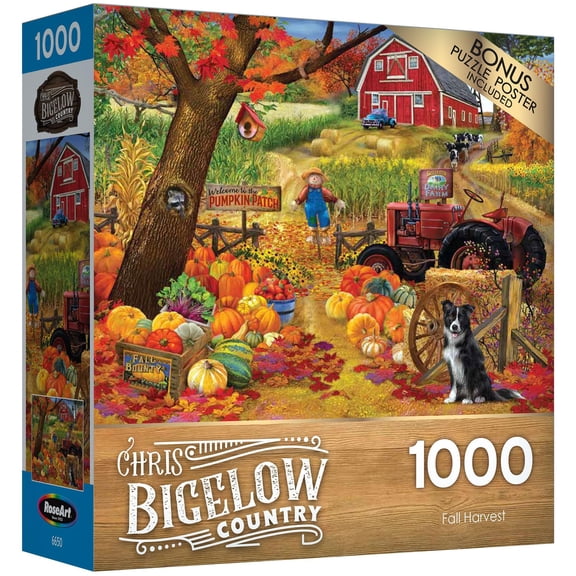 RoseArt: Bigelow Country - Fall Harvest - 1000 Piece Puzzle - Pumpkin Patch Farm Scene Adult Jigsaw, 19.25 x 26.63, Snap-Fit, Reference Artwork Poster
