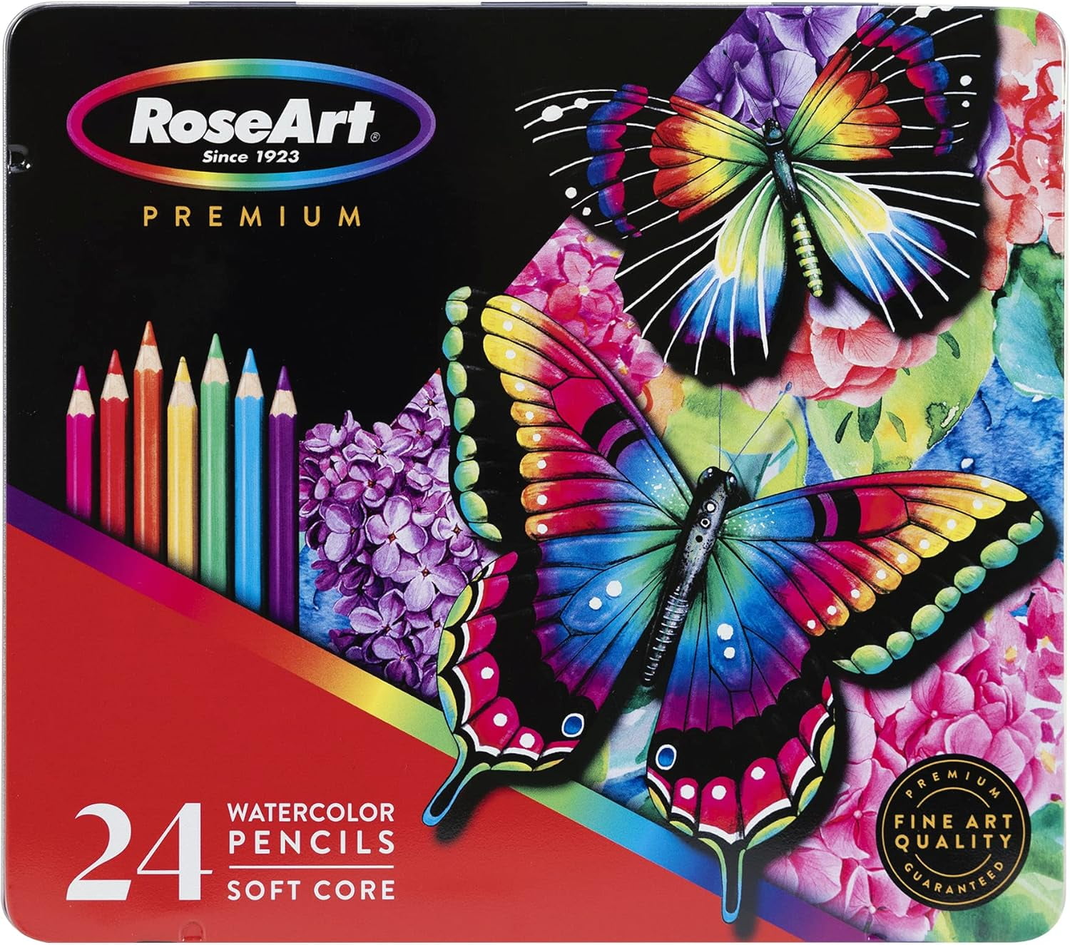 RoseArt Premium 24ct Soft Core Watercolor Pencils Art Supplies for Drawing, Sketching, Adult Coloring in Design Storage Tin