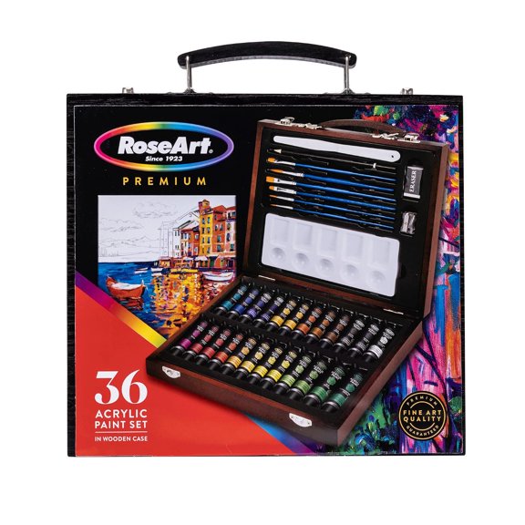 RoseArt Premium 36ct Acrylic Paint Set in Wooden Case -Complete Acrylic Artist Set for Canvas, Wood, Ceramic and Fabrics Painting Supplies for Casual and Professional Artists, 9.6ml 84403