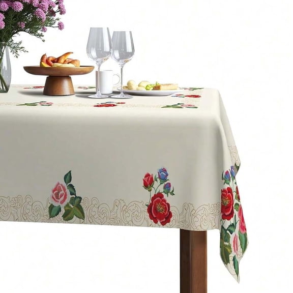 RoseFlower Floral Print Round Tablecloth 60 Inch, Waterproof Canvas Table Cover With Elegant Roses & Scroll Border, Wrinkle Stain Resistant