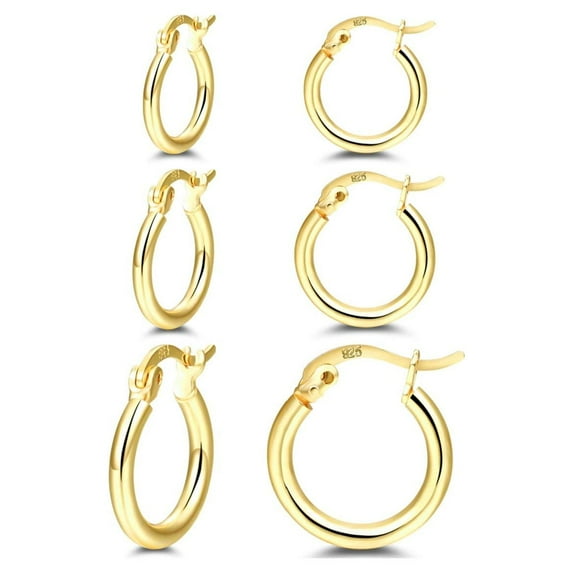 RoseJeopal Small Gold Hoop Earrings, 14K Gold Plated, Hypoallergenic, Sterling Silver, 3 Pairs