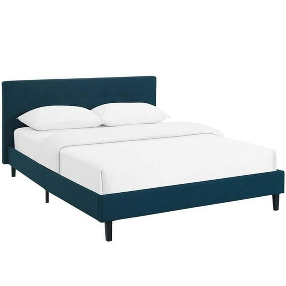Modern Upholstered Fabric Full Platform Bed in Azure, with Padded Headboard and Wood Slats Support