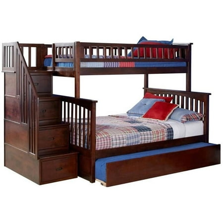 Rosebery Kids Twin over Full Staircase Bunk Bed with Trundle in Walnut