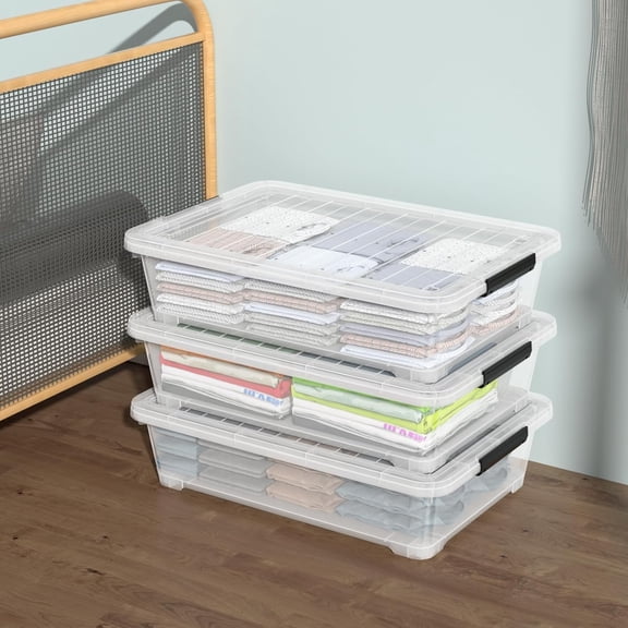 Rosebloom 40 Quart Plastic Under Bed Storage Bins with Wheels, Clear Containers for Clothes and Blankets, 3 Pack