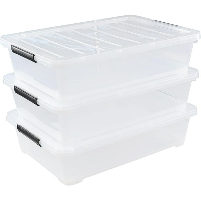 Rosebloom 40 Quart Plastic Under Bed Storage Box, Wheeled Latching Box Clear, 3 Packs