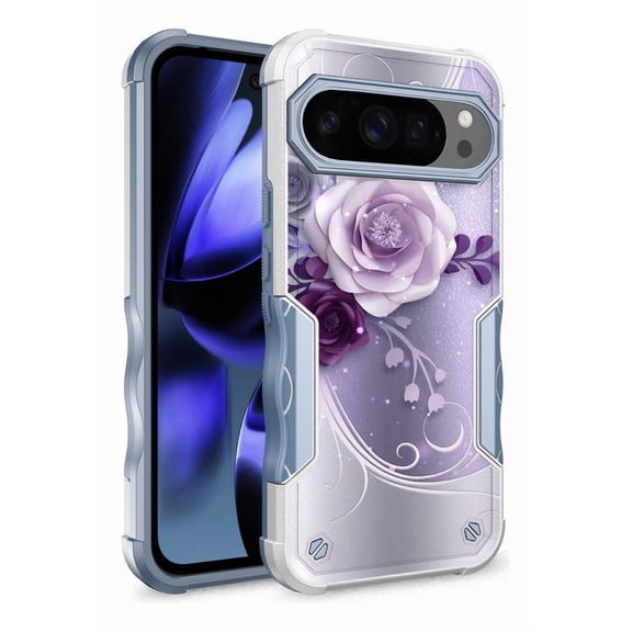 Rosebono Compatible With Google Pixel 10 Pro XL Case, Hybrid Dual Layer Graphic Design Pattern Heavy Duty Protection Case For Google Pixel 10 Pro XL (Purple Flower)
