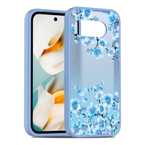 Rosebono Compatible With Google Pixel 9A Case, Graphic Design Translucent Matte Gradient Transparent Soft TPU Skin Cover Protection Case (Blue Flower)