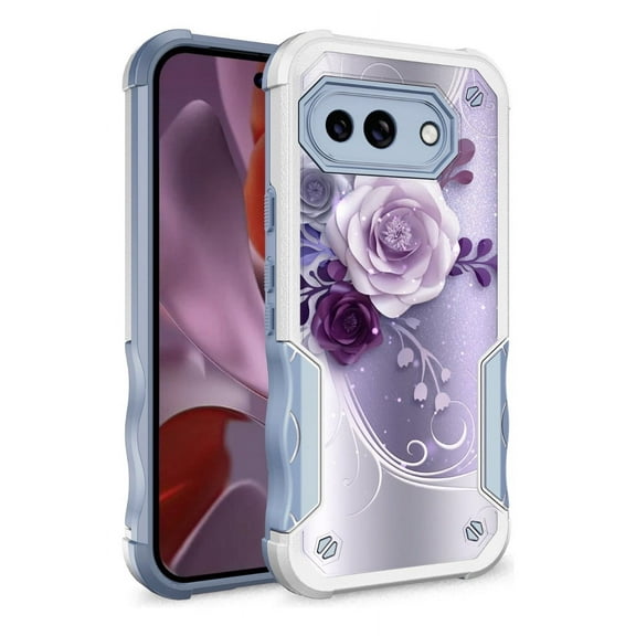 Rosebono Compatible With Google Pixel 9A Case, Hybrid Dual Layer Graphic Design Pattern Heavy Duty Protection Case For Google Pixel 9A (Purple Flower)