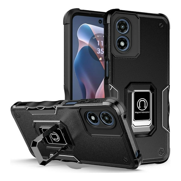 Rosebono Compatible With Moto G Play 2024 Case, Hybrid Metal Ring Magnetic Support Kickstand Protective Defender Armor Cover Case For Moto G Play 2024 (Black)