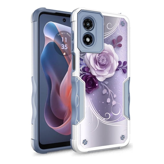 Rosebono Compatible With Motorola Edge 2025 Case, Hybrid Dual Layer Graphic Design Pattern Heavy Duty Protection Case For Motorola Edge 2025 (Purple Flower)