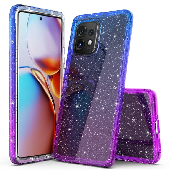 Rosebono Compatible With Motorola Edge Plus 2023 / X40 / X40 Pro, Hybrid Glitter Sparkle Transparent Colorful Gradient TPU Skin Cover Protection Case (Blue/Purple)