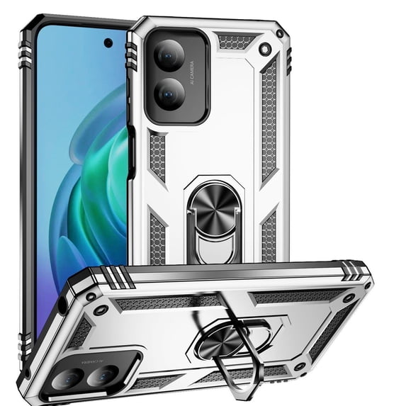Rosebono Compatible With Motorola G Power 2024 Case, Hybrid Slim Armor Cover Case With Adjustable Integrated 180 or 360 Degree Rotating Ring Kickstand For Motorola G Power 2024 (Silver)