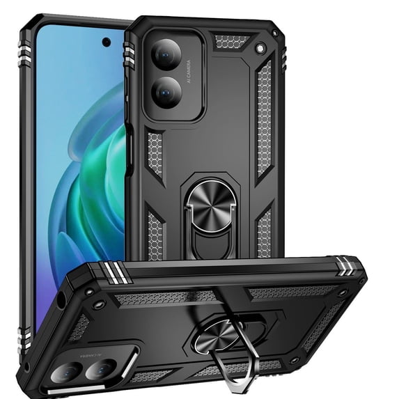 Rosebono Compatible With Motorola G Power 2024 Case, Hybrid Slim Armor Cover Case With Adjustable Integrated 180 or 360 Degree Rotating Ring Kickstand For Motorola G Power 2024 (Black)