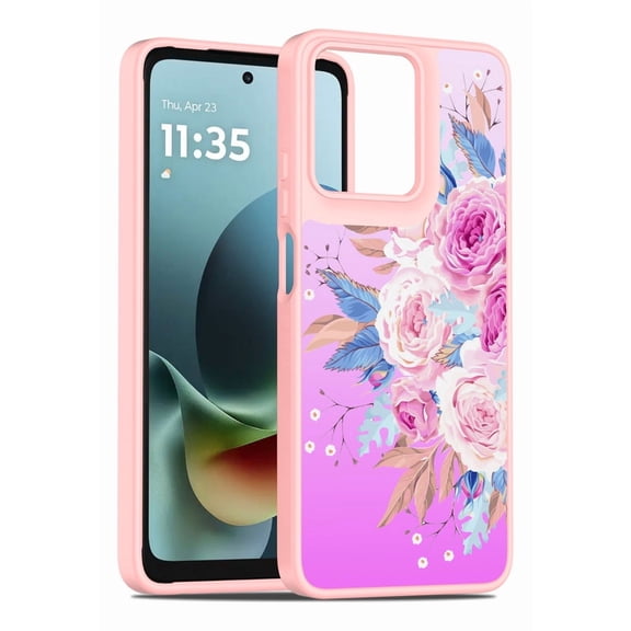 Rosebono Compatible With Motorola Moto G 2025 / Moto G Play 2026 Case, Graphic Design Translucent Matte Gradient Transparent Soft TPU Skin Cover Protection Case (Pink Flower)