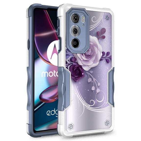 Rosebono Compatible With Motorola Moto G 5G 2022 Case, Hybrid Dual Layer Graphic Design Pattern Heavy Duty Protection Case For Motorola Moto G 5G 2022 (Purple Flower)
