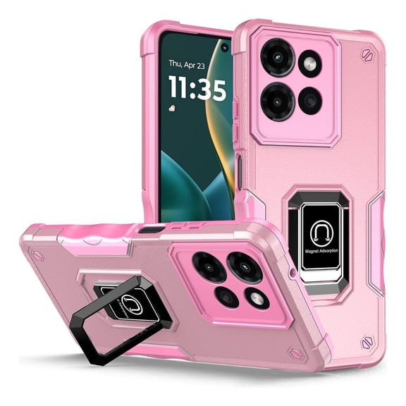 Rosebono Compatible With Motorola Moto G Play 2026 / Moto G 2025 Case, Hybrid Metal Ring Magnetic Support Kickstand Protective Defender Armor Cover Case (Pink)