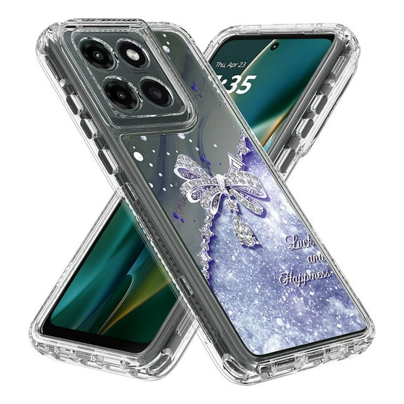 Rosebono Compatible With Motorola Moto G Power 2025 Sparkle Rhinestone Diamond Colorful Butterfly Graphics Design 3-Layer Hybrid Armor Cover Case (Blue)